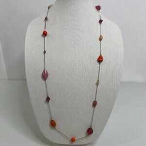 Lia Sophia Necklace Chain Pink Orange Beaded Silver Tone Long Statement  Used, s